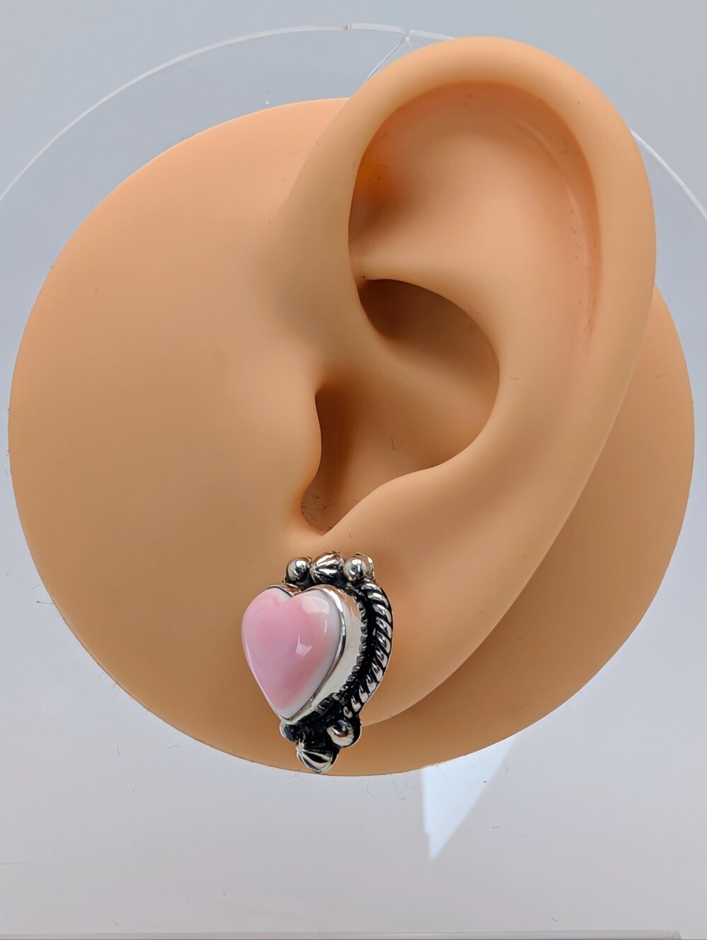 Pink Conch S925 Sterling Silver Heart Gemstone Stud Earrings - Picture 6 of 9